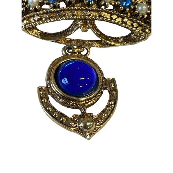 Vintage Gold-Tone Crown Brooch With Blue Rhinestones & Pearls - Picture 4 of 5
